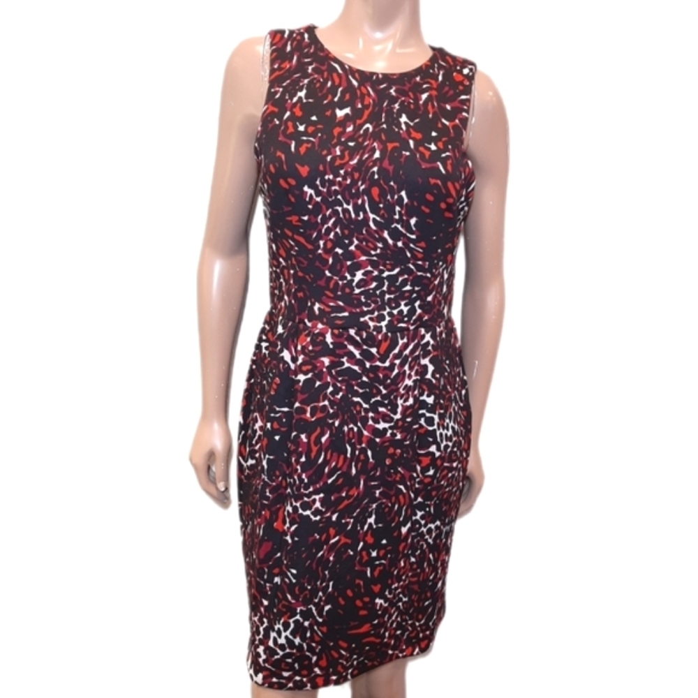 H&M Leopard Print Sheath Dress Sleeveless Business Office Scuba Size Large Red